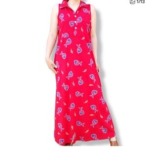 VTG Red cotton Sleeveless Fish Print Maxi Dress,artsy,colorful,xl,beachy